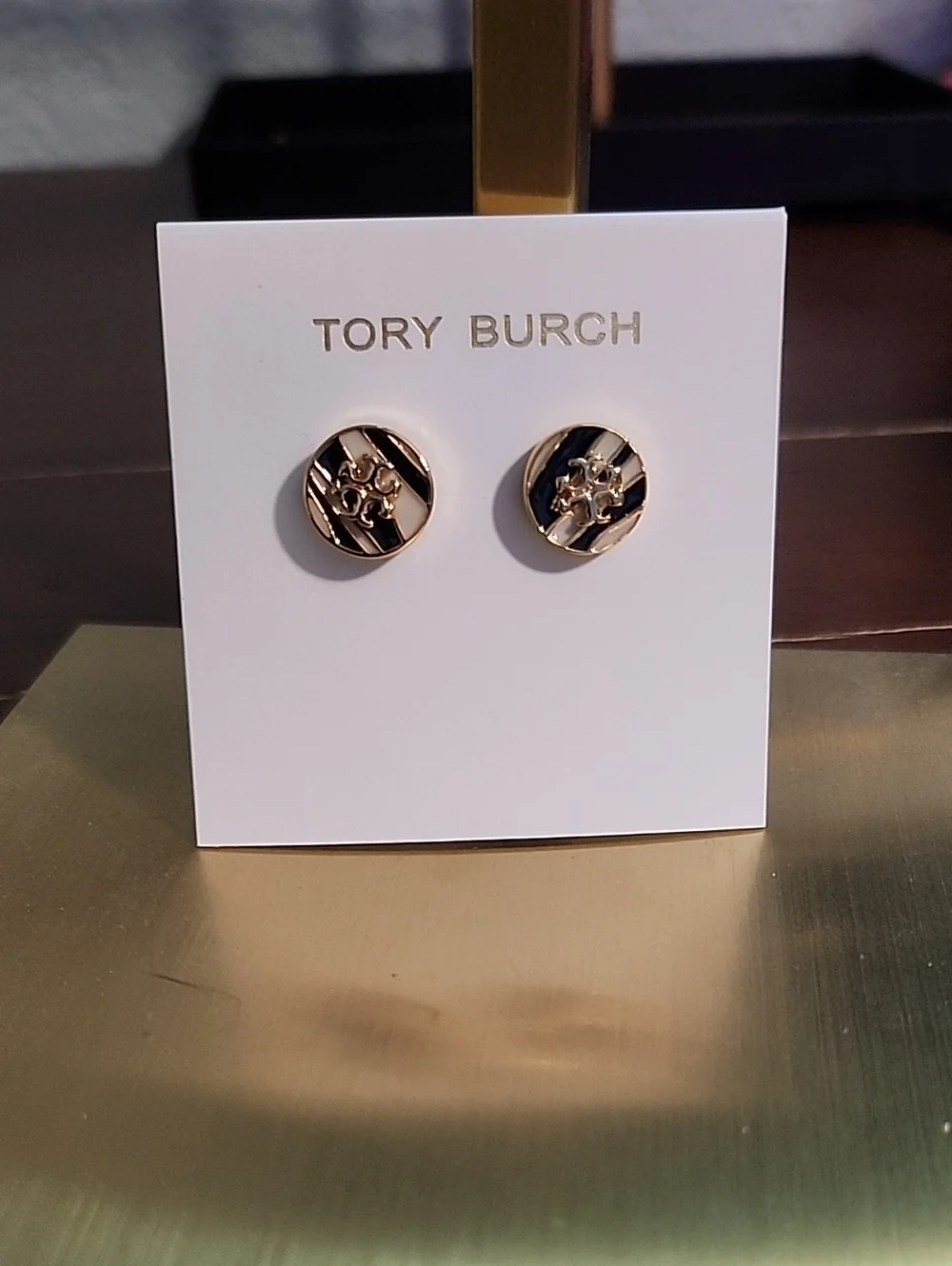 Tory Burch Gold and Black Enamel Logo Round Stud Earrings